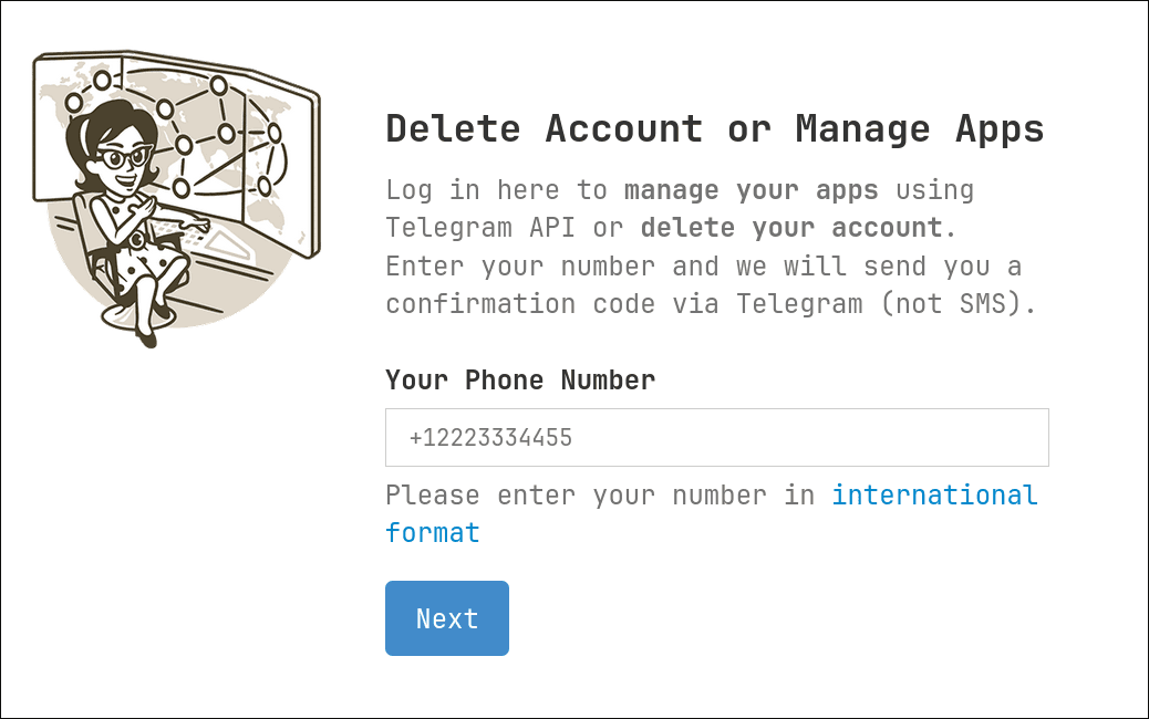 Phone number entry on my.telegram.org